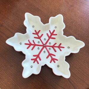 Hallmark Snowflake Red White Silver Ceramic Serving Dish Plate 8" Candy Nuts